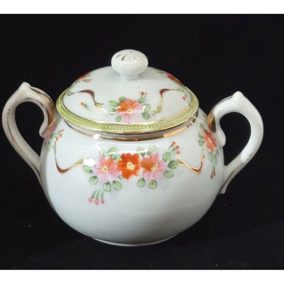 Antique Nippon Hand-Painted Creamer & Sugar Bowl Set Floral Design - Picture 4 of 10